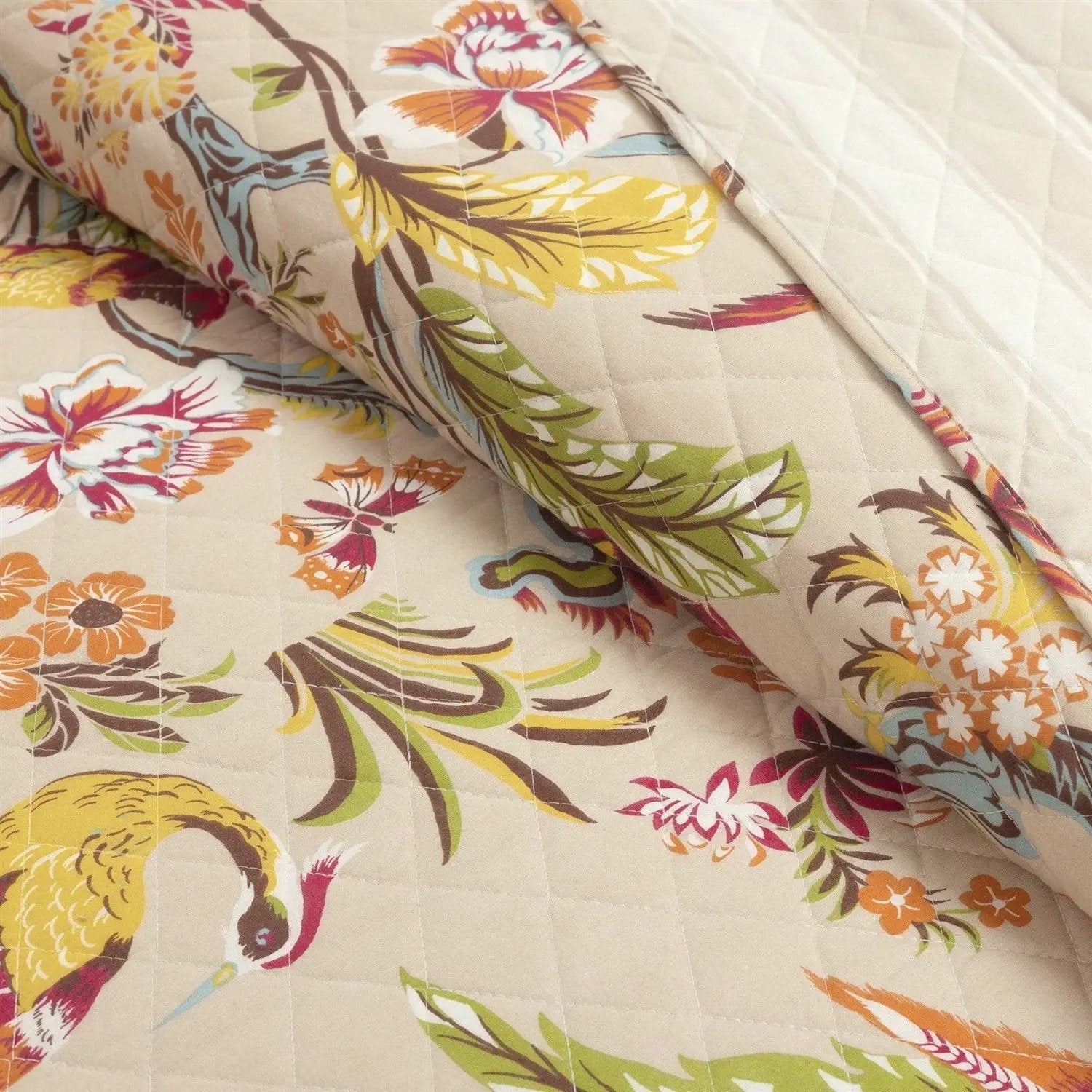 King size 3 Piece Peacock Birds Floral Lightweight Polyester Quilt Set Tan by HomePacific