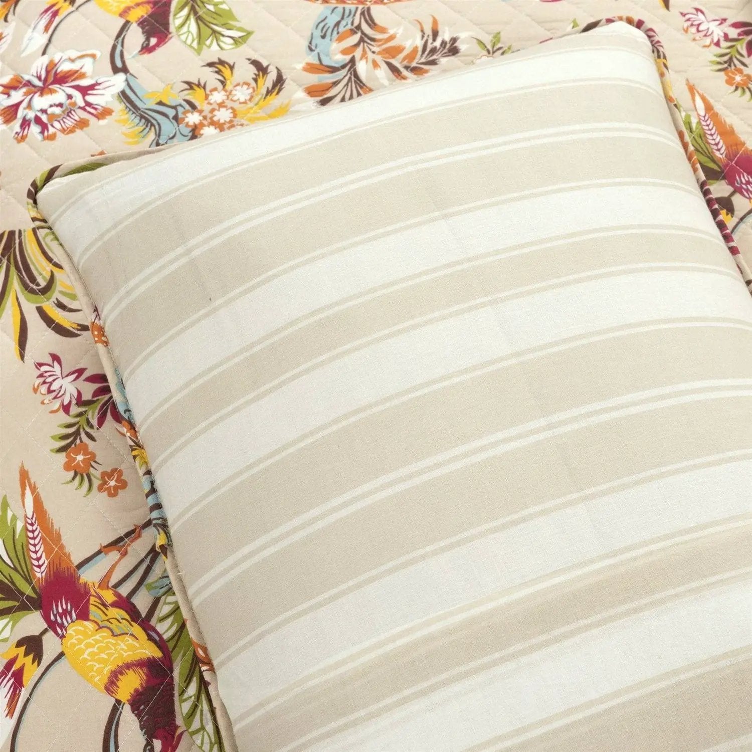 King size 3 Piece Peacock Birds Floral Lightweight Polyester Quilt Set Tan by HomePacific