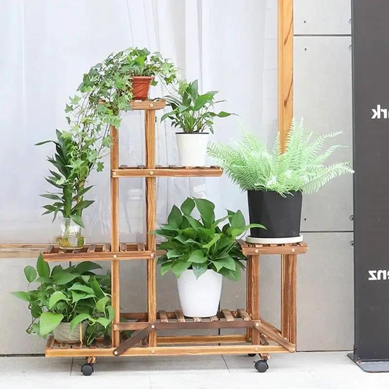 6-Shelf Portable Wooden Flower Pot Plant Stand with Locking Wheels by HomePacific