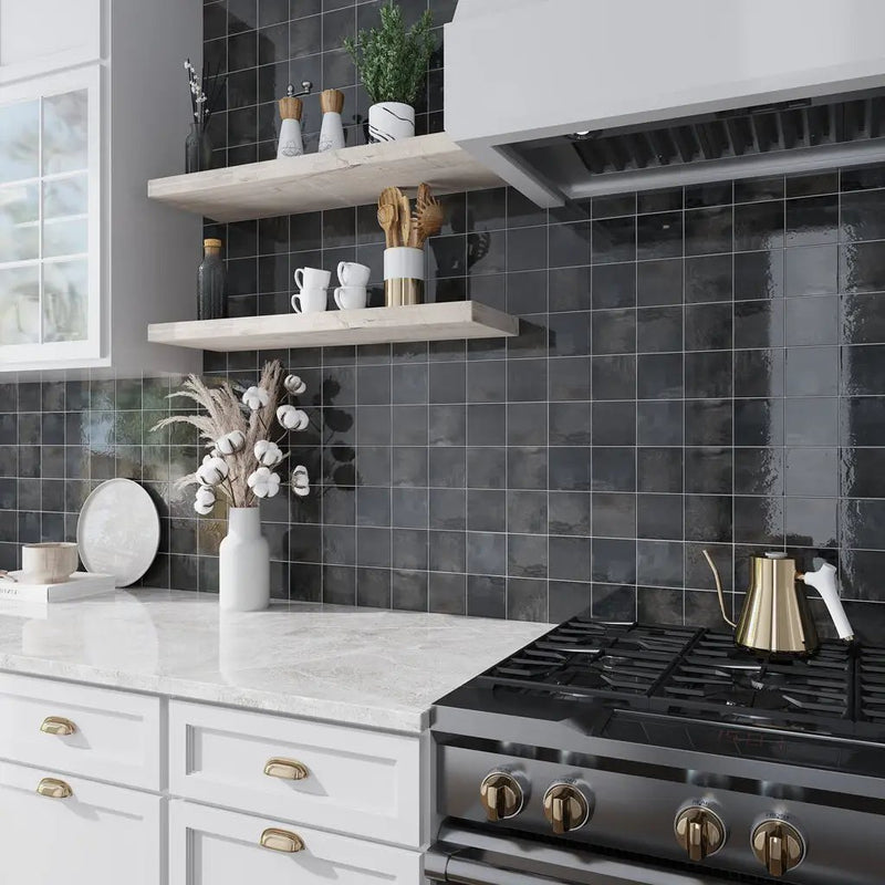 Black 4x4 Glossy Square Ceramic Tile (60 pack, 6.46 sq ft/case) by Apollo Tile
