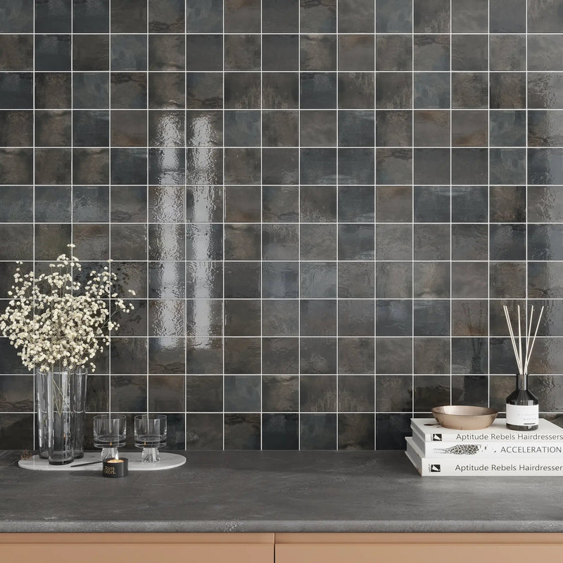 Black 4x4 Glossy Square Ceramic Tile (60 pack, 6.46 sq ft/case) by Apollo Tile