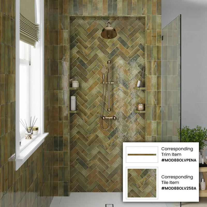 Olive Green 0.5x8 Glossy Ceramic Pencil Tile Trim (10 pack, 0.7 sq ft/case) by Apollo Tile