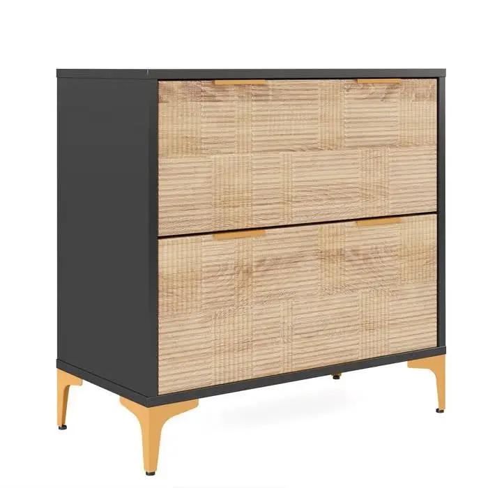 Retro Natural/Black with Gold Handles/Legs 2 Drawer Filing Cabinet Printer Stand by HomePacific