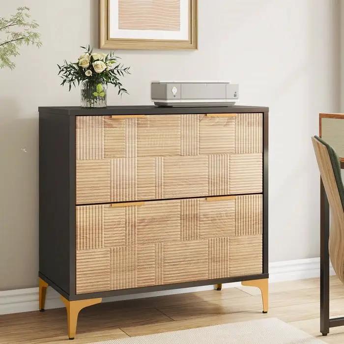 Retro Natural/Black with Gold Handles/Legs 2 Drawer Filing Cabinet Printer Stand by HomePacific