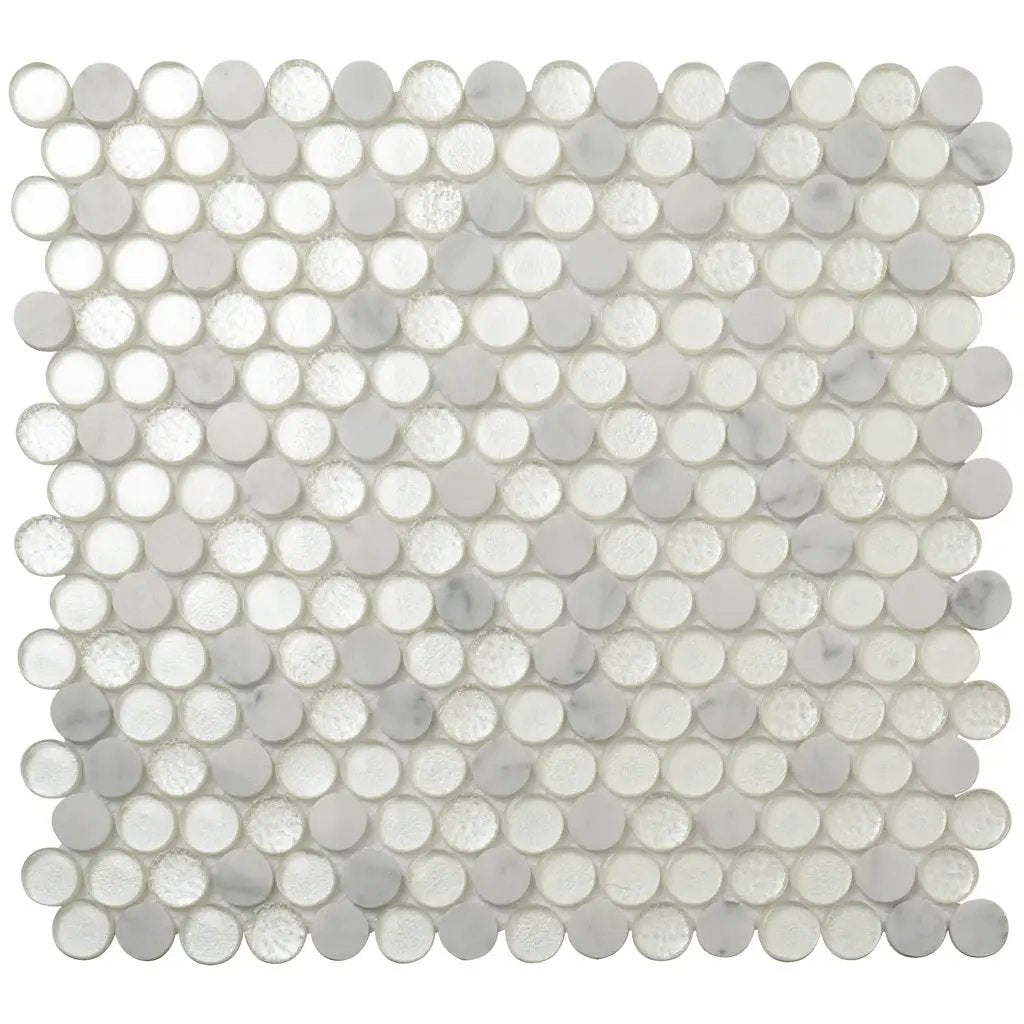White 12x12 Glossy Penny Round Glass Marble Mosaic Tile (5 pack, 4.83 sq ft/case) by Apollo Tile