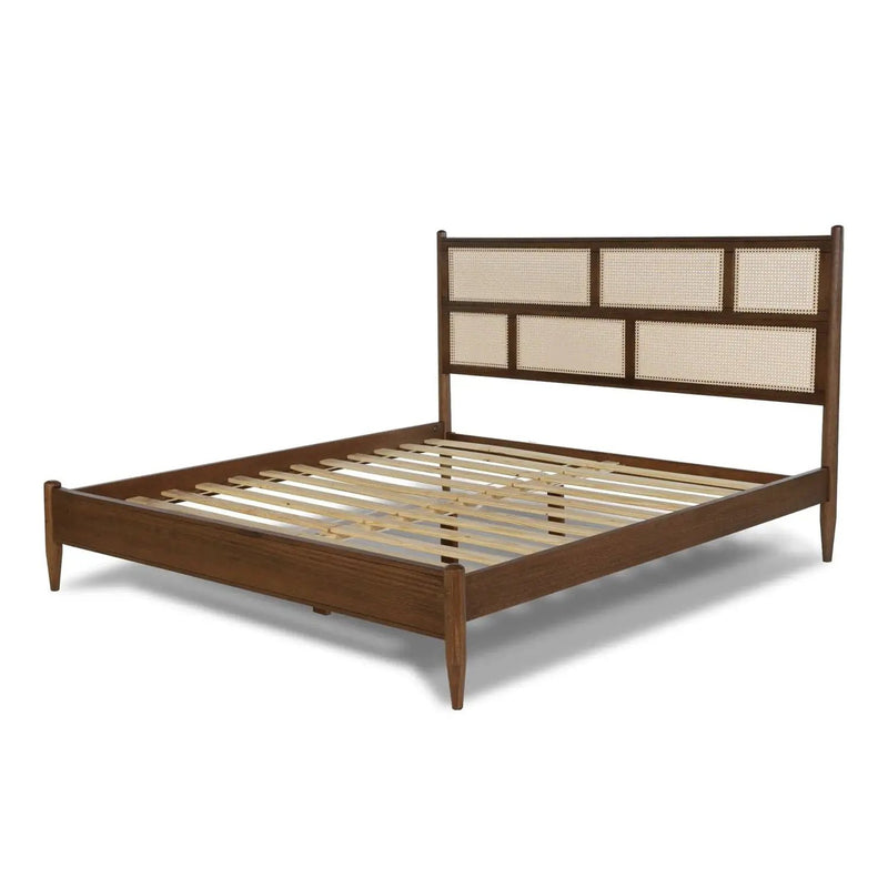 Queen Size Hardwood Platform Bed Frame with Cane Paneling Headboard in Walnut by HomePacific