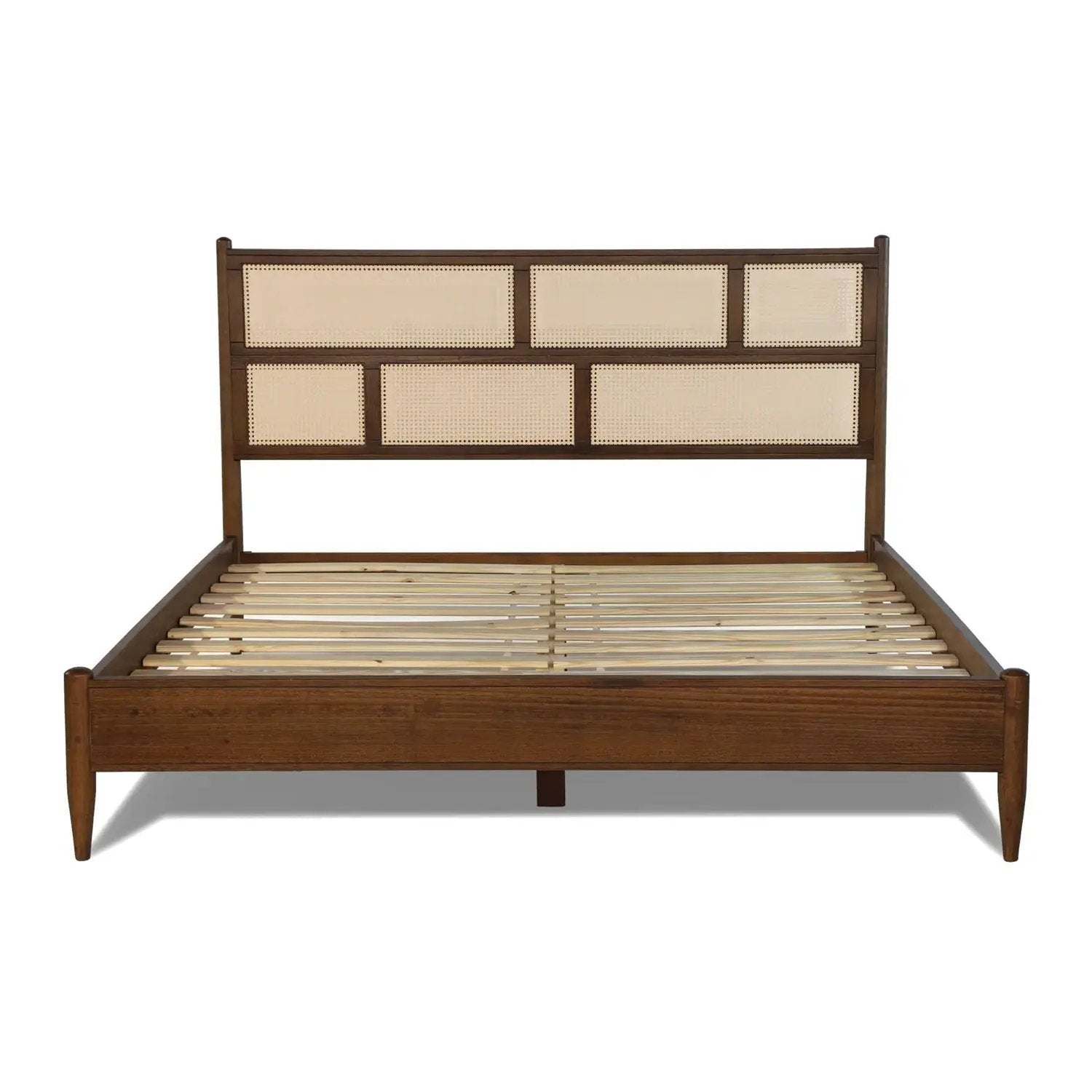 Queen Size Hardwood Platform Bed Frame with Cane Paneling Headboard in Walnut by HomePacific