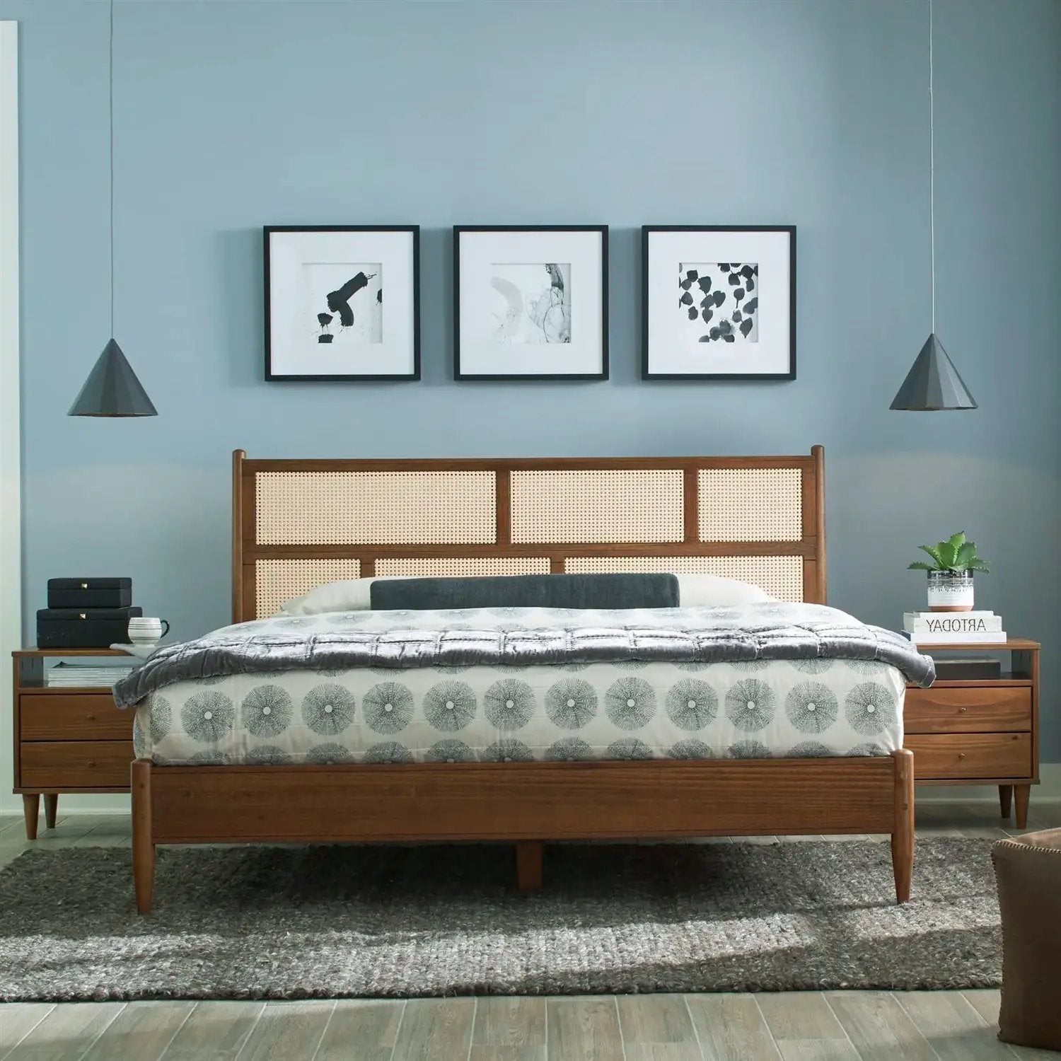 Queen Size Hardwood Platform Bed Frame with Cane Paneling Headboard in Walnut by HomePacific