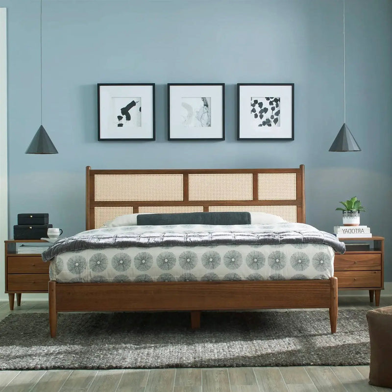 Queen Size Hardwood Platform Bed Frame with Cane Paneling Headboard in Walnut by HomePacific