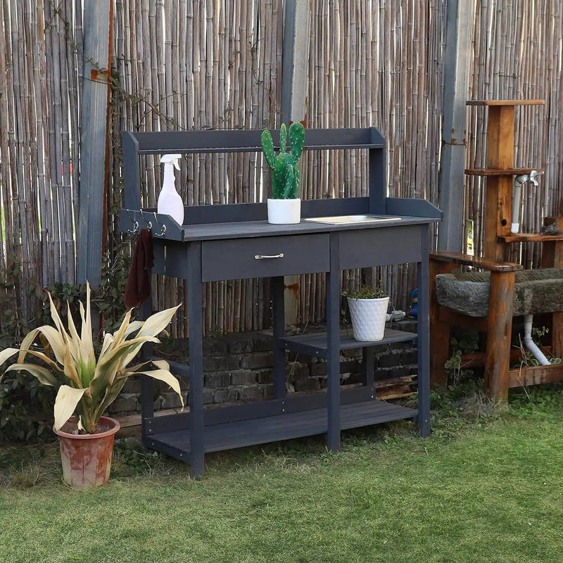 Grey Wood Outdoor Garden Potting Bench Storage Shelf with Removeable Sink by HomePacific
