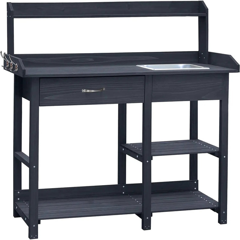 Grey Wood Outdoor Garden Potting Bench Storage Shelf with Removeable Sink by HomePacific