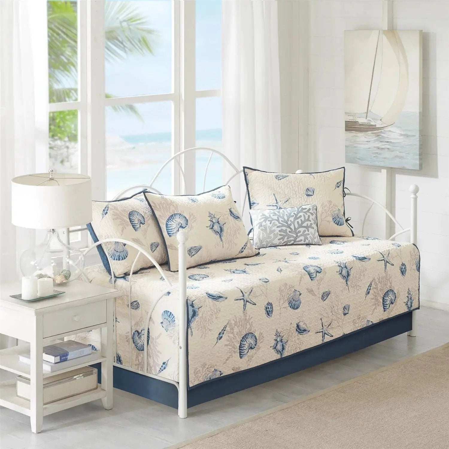 6-Piece Nautical Sea Shells Coral Blue Beige Reversible Daybed Cover Bedding Set by HomePacific
