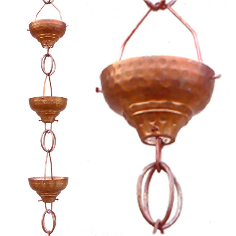 Pure Copper 8.5-Ft Rain Chain with 13 Hammered Funnel Shape Cups by HomePacific