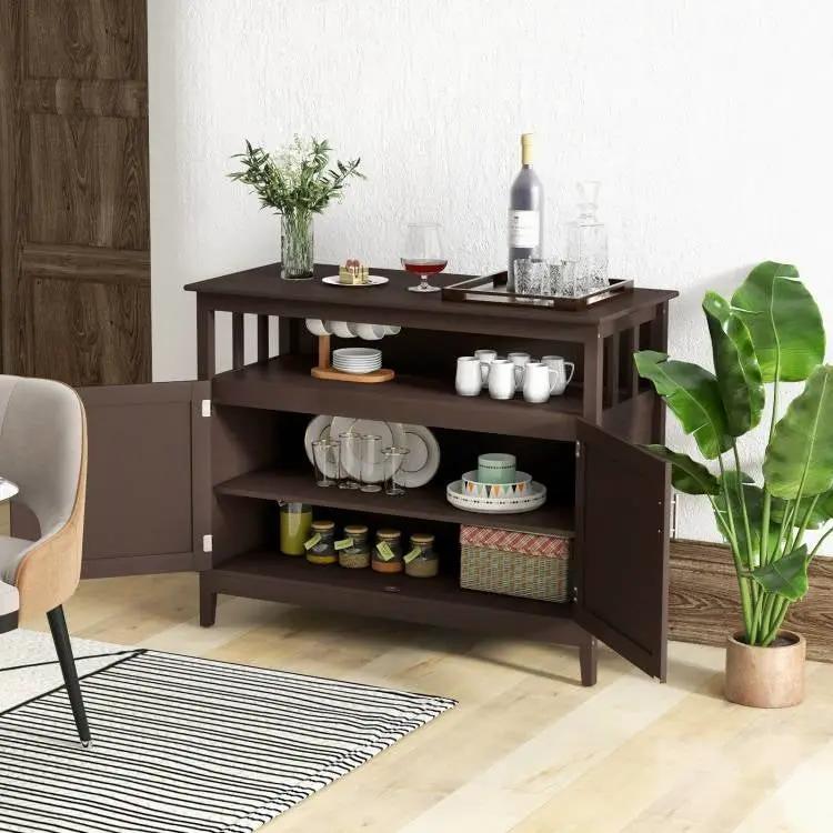 Dark Brown Wood 2-Door Dining Buffet Sideboard Cabinet with Open Storage Shelf by HomePacific