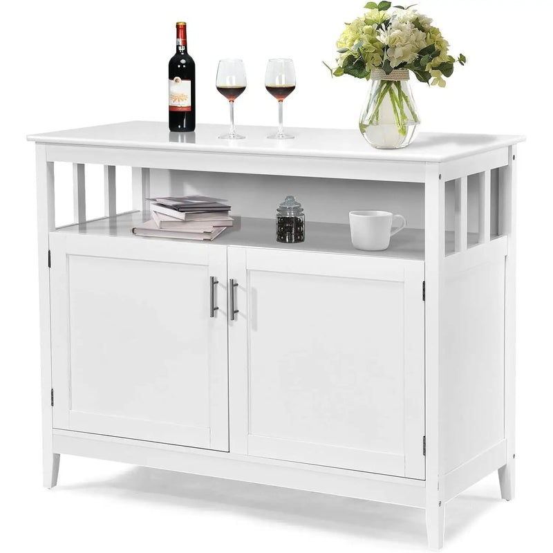 White Wood 2-Door Dining Buffet Sideboard Cabinet with Open Storage Shelf by HomePacific