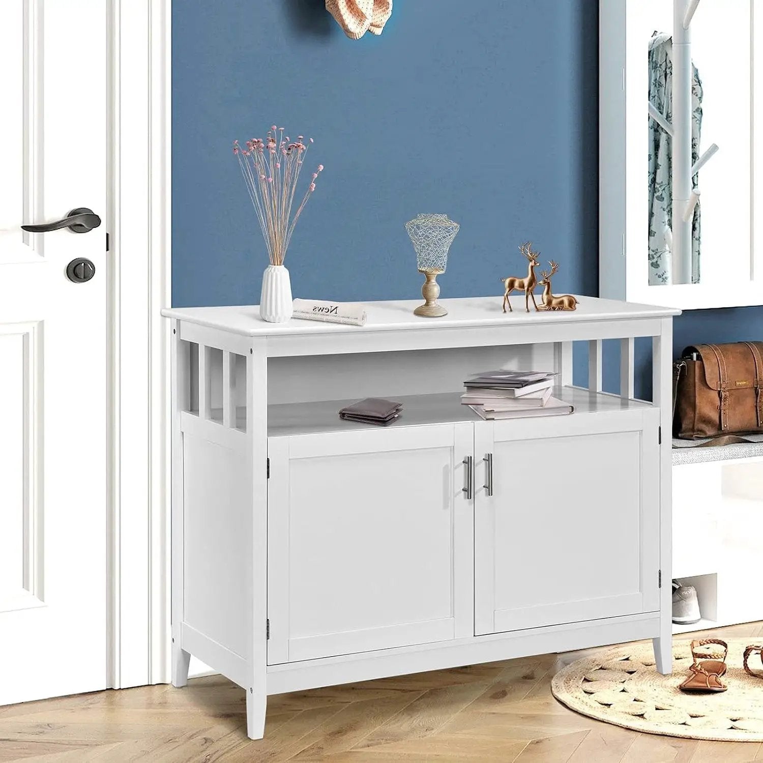 White Wood 2-Door Dining Buffet Sideboard Cabinet with Open Storage Shelf by HomePacific