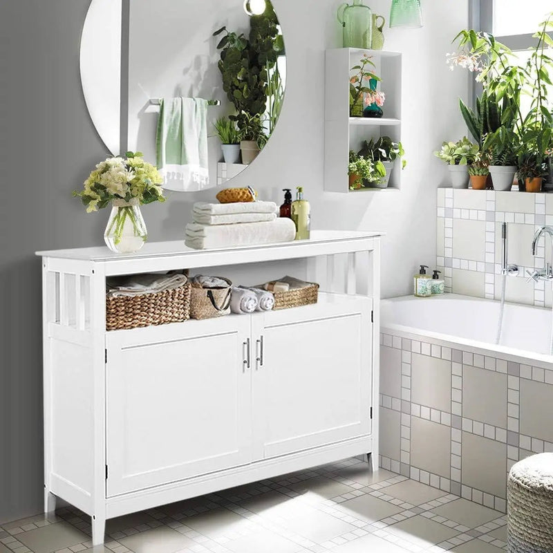 White Wood 2-Door Dining Buffet Sideboard Cabinet with Open Storage Shelf by HomePacific