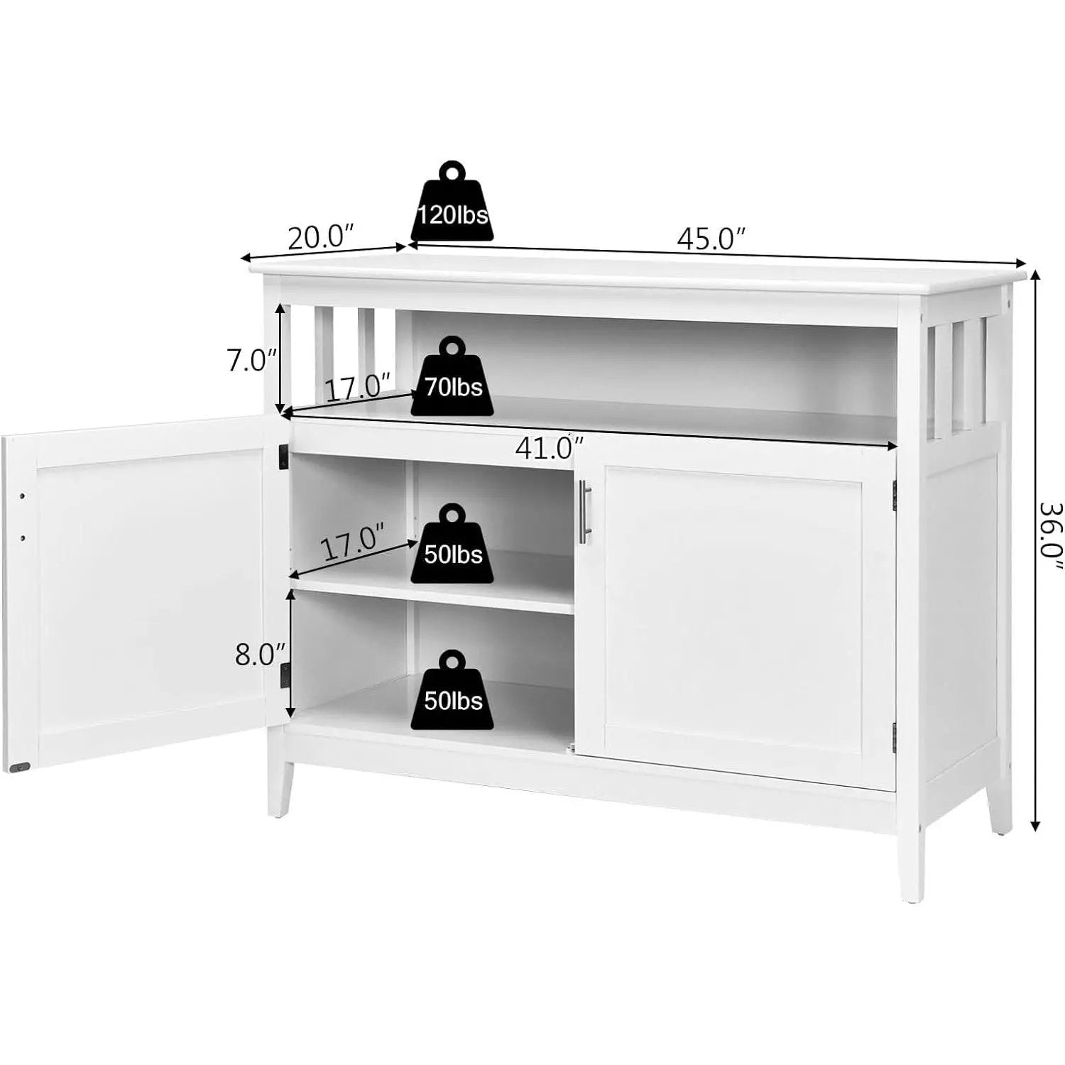 White Wood 2-Door Dining Buffet Sideboard Cabinet with Open Storage Shelf by HomePacific