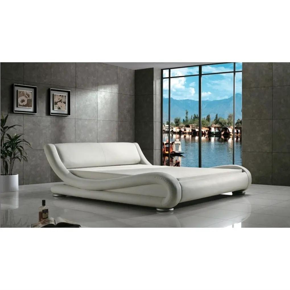 Queen Modern White Upholstered Platform Bed with Curved Sides & Headboard by HomePacific