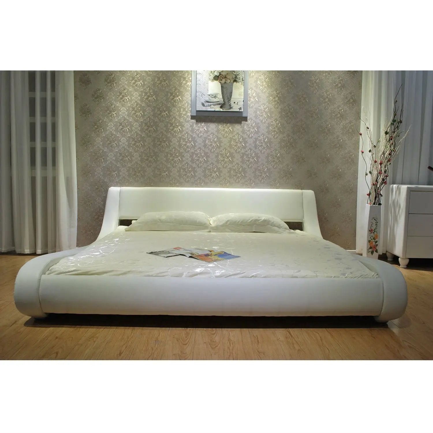 Queen Modern White Upholstered Platform Bed with Curved Sides & Headboard by HomePacific