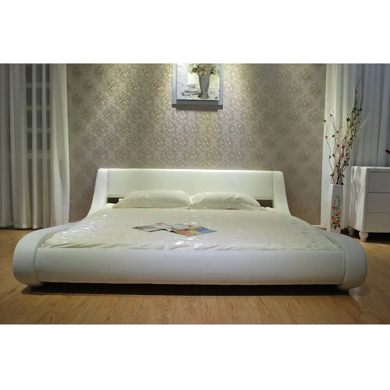 Queen Modern White Upholstered Platform Bed with Curved Sides & Headboard by HomePacific
