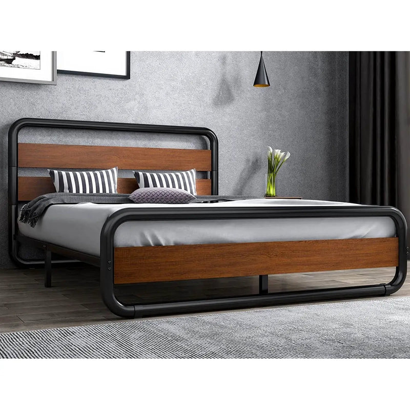 Queen Heavy Duty Modern Industrial Metal Wood Platform Bed Frame with Headboard by HomePacific