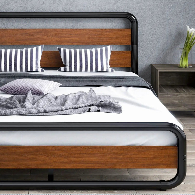 Queen Heavy Duty Modern Industrial Metal Wood Platform Bed Frame with Headboard by HomePacific