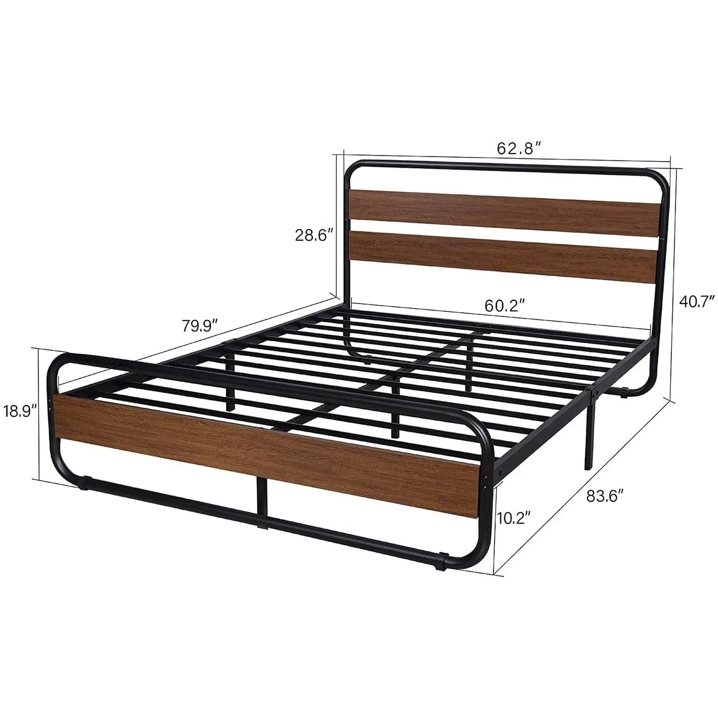 Queen Heavy Duty Modern Industrial Metal Wood Platform Bed Frame with Headboard by HomePacific