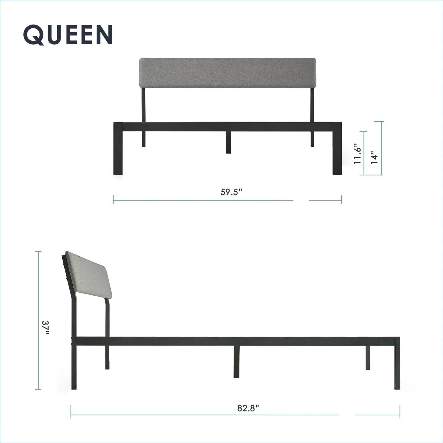 Queen Size Grey Soft Fabric Metal Headboard Platform Bed Wooden Slats by HomePacific