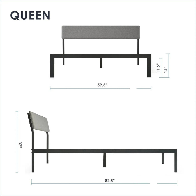 Queen Size Grey Soft Fabric Metal Headboard Platform Bed Wooden Slats by HomePacific