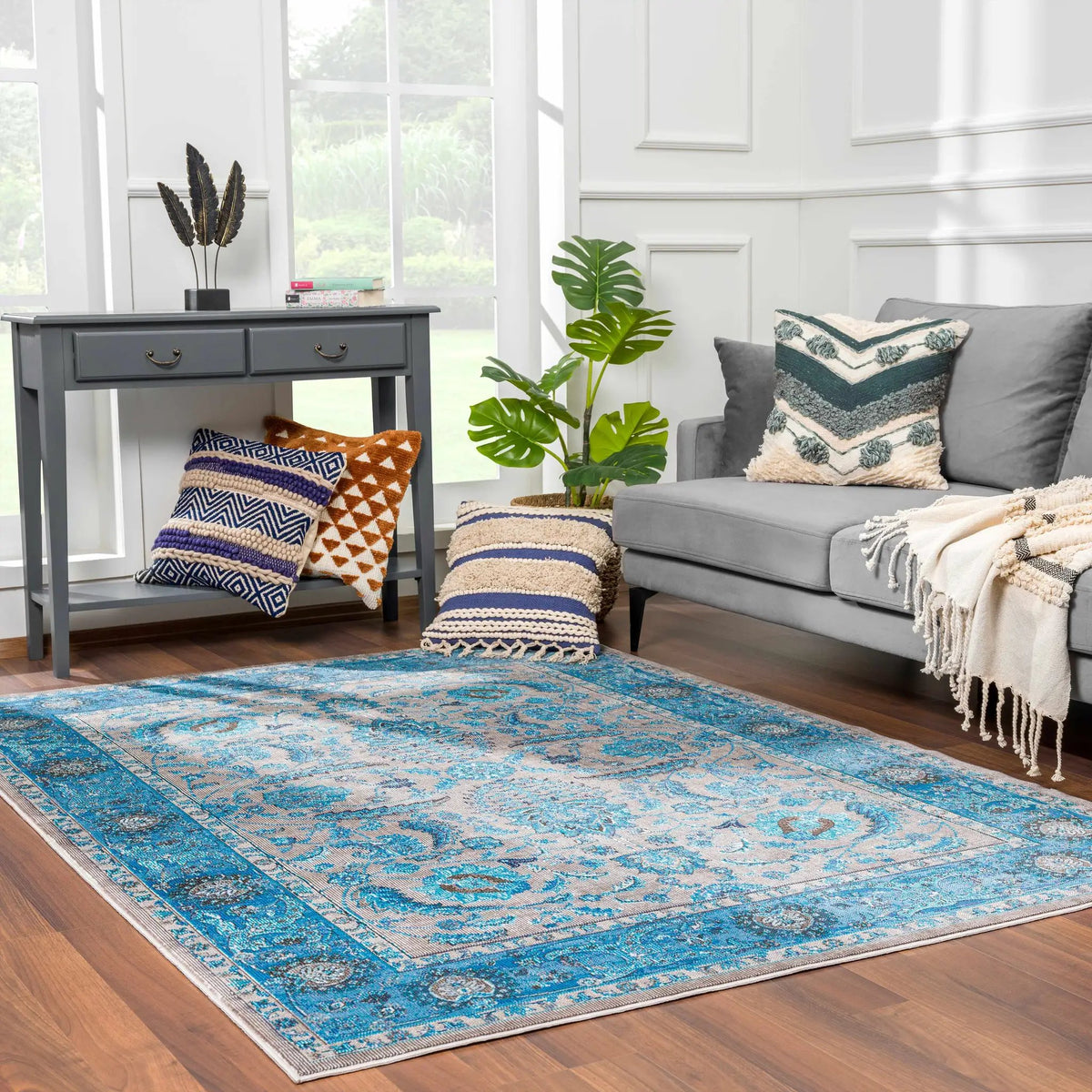 Mardina Turquoise Area Rug - Clearance, installed in a room