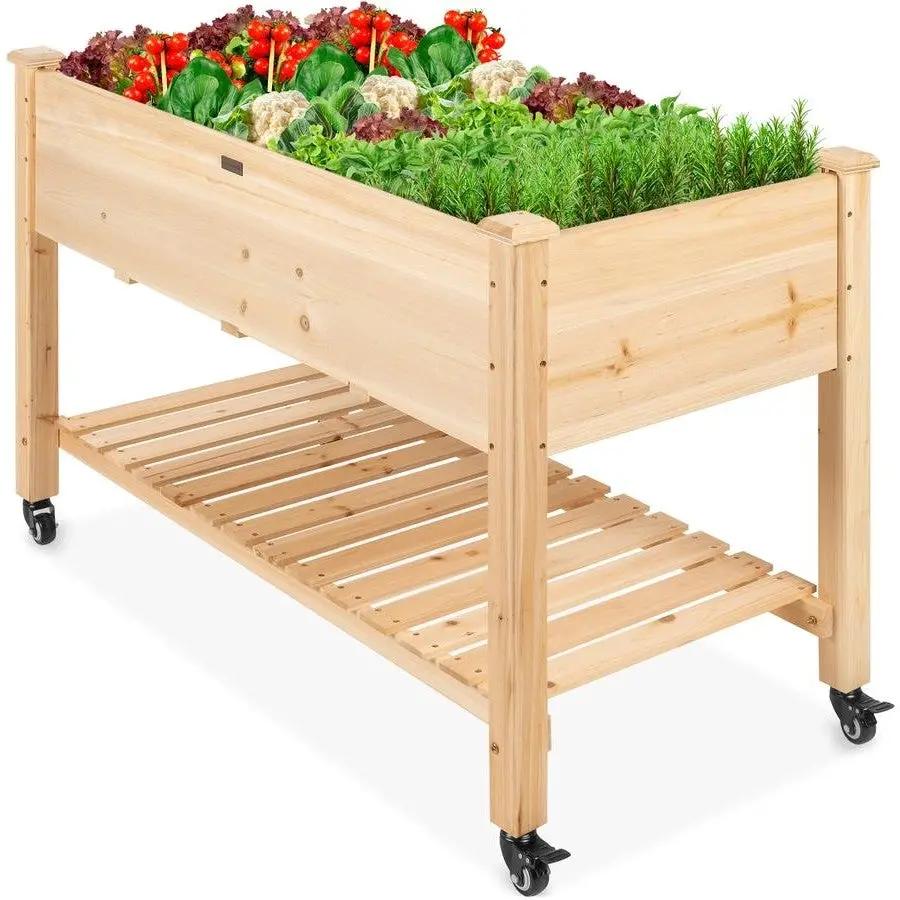 Solid Wood Locking Wheels Raised Mobile Garden Wood Planter Elevated Planter by HomePacific