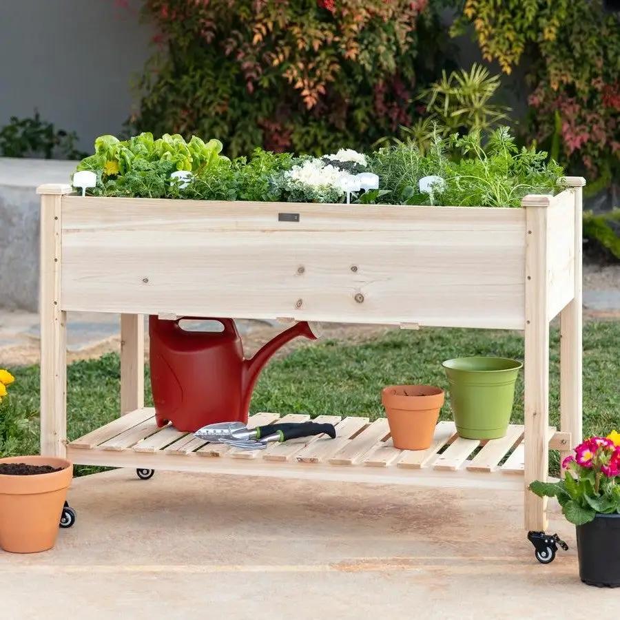 Solid Wood Locking Wheels Raised Mobile Garden Wood Planter Elevated Planter by HomePacific