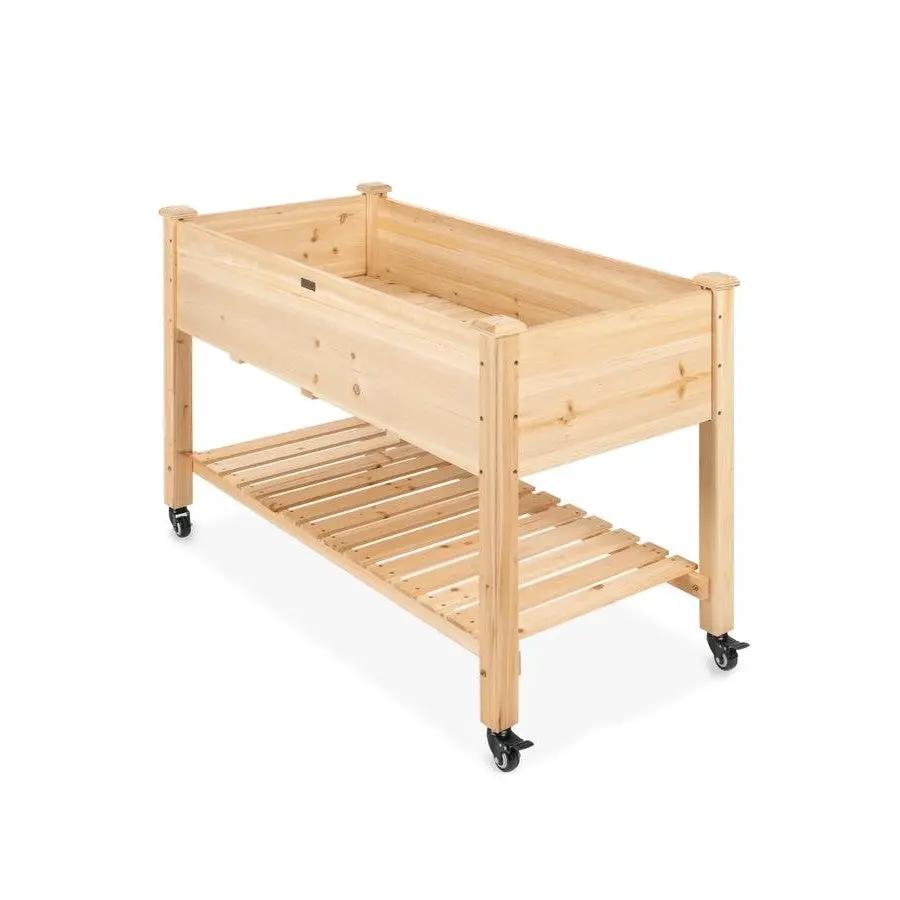 Solid Wood Locking Wheels Raised Mobile Garden Wood Planter Elevated Planter by HomePacific
