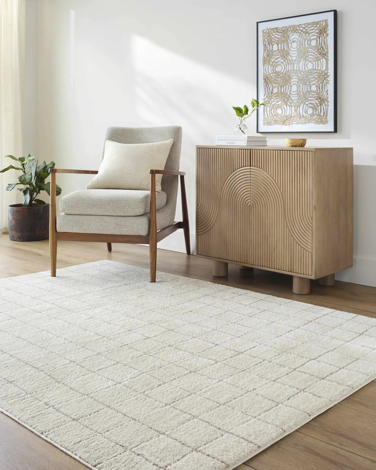 Cascade Checkered Ivory Area Rug, installed in a room