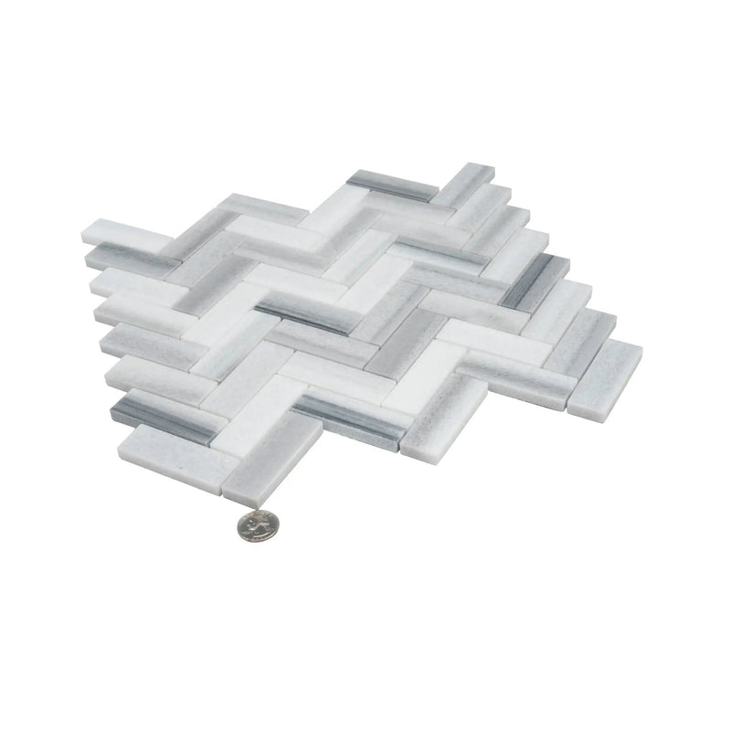 Gray 12x12 Polished Herringbone Equator Marble Mosaic Tile (5 pack, 5.29 sq ft/case) by Apollo Tile