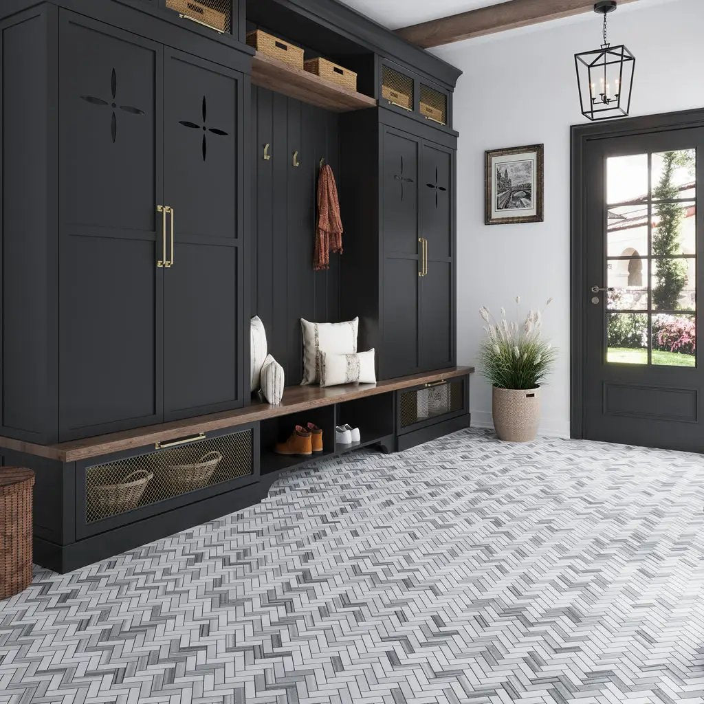 Gray 12x12 Polished Herringbone Equator Marble Mosaic Tile (5 pack, 5.29 sq ft/case) by Apollo Tile