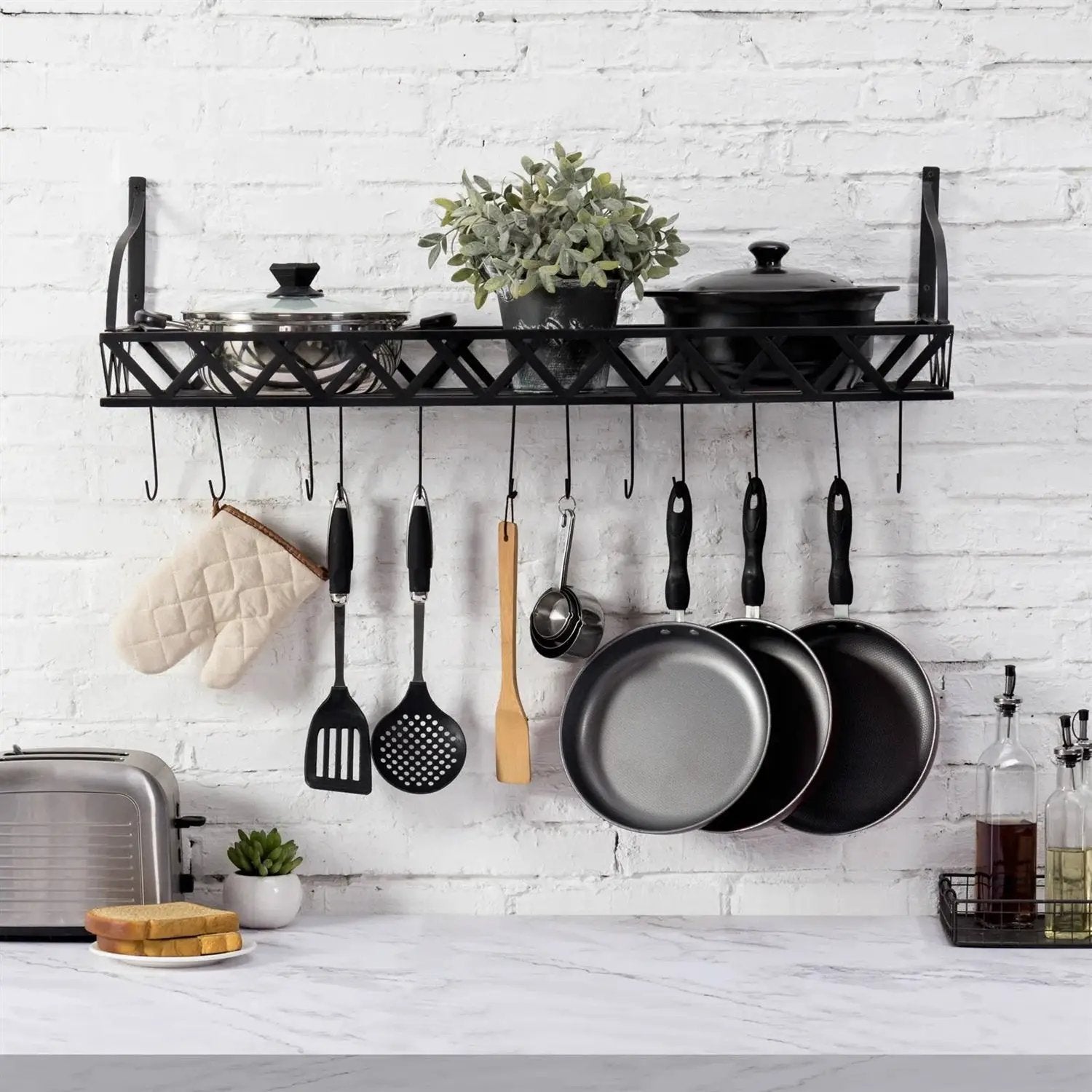 Black Metal Rectangular Wall Mounted Kitchen Pot Rack with 12 Hanging Hooks by HomePacific