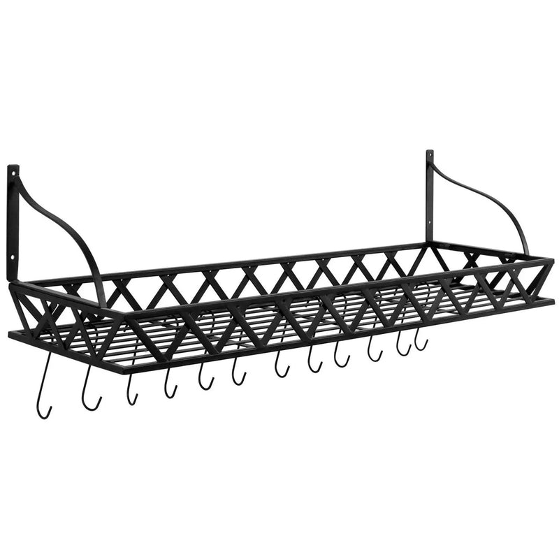 Black Metal Rectangular Wall Mounted Kitchen Pot Rack with 12 Hanging Hooks by HomePacific