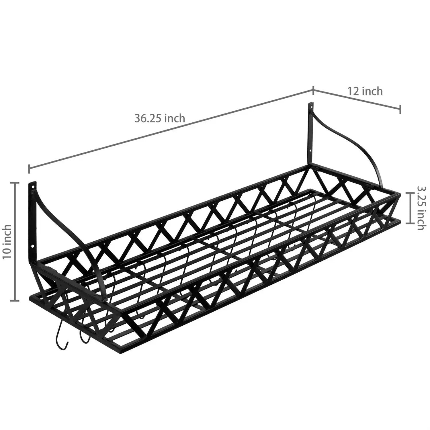 Black Metal Rectangular Wall Mounted Kitchen Pot Rack with 12 Hanging Hooks by HomePacific