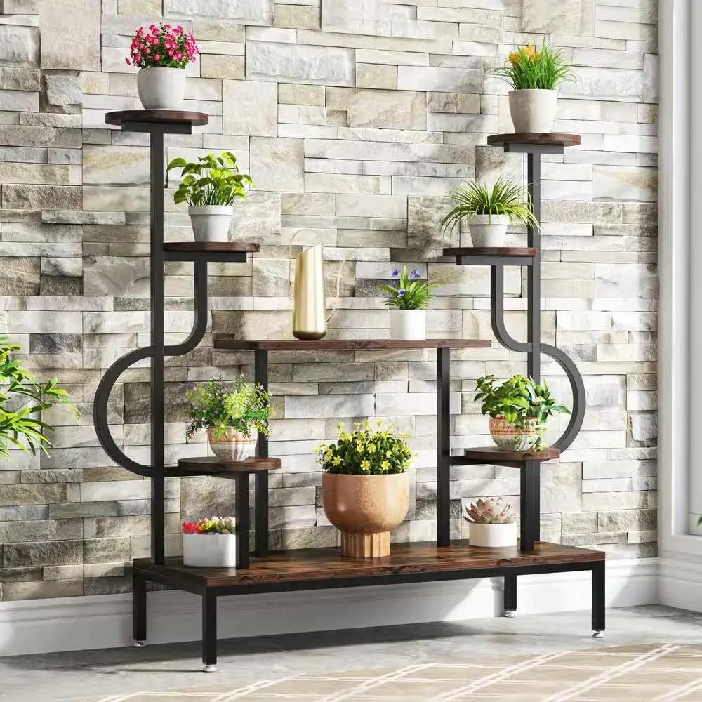 Modern Industrial Metal Wood Stepped Shelf Bookcase Plant Stand Shelving Unit by HomePacific