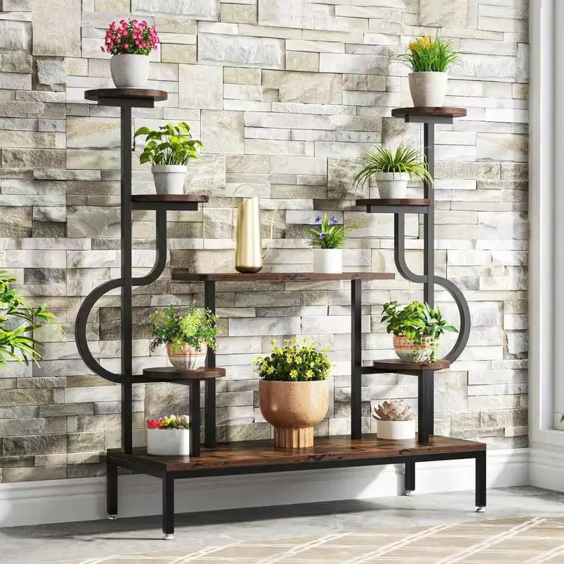 Modern Industrial Metal Wood Stepped Shelf Bookcase Plant Stand Shelving Unit by HomePacific