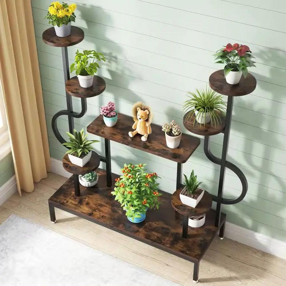 Modern Industrial Metal Wood Stepped Shelf Bookcase Plant Stand Shelving Unit by HomePacific