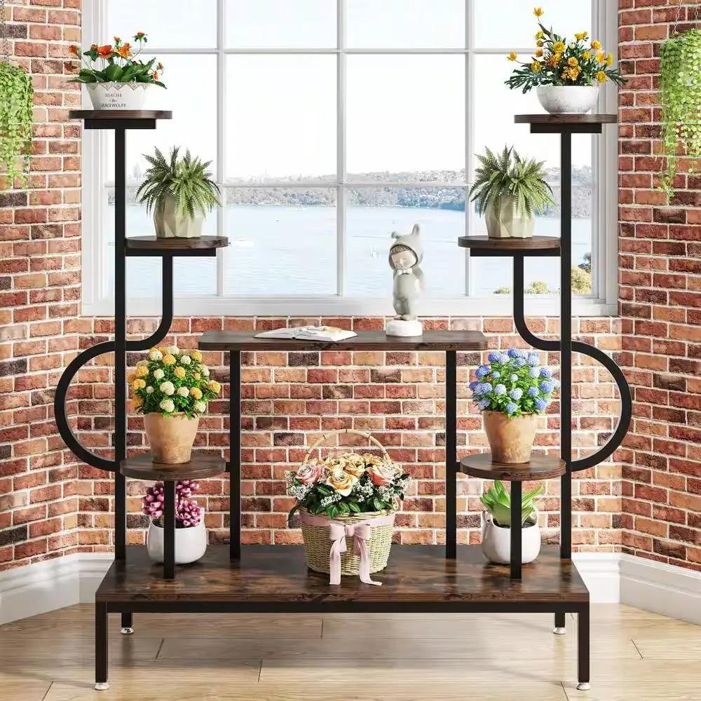 Modern Industrial Metal Wood Stepped Shelf Bookcase Plant Stand Shelving Unit by HomePacific