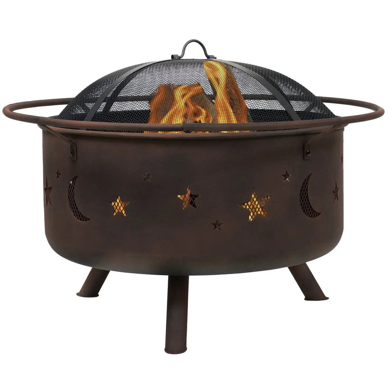 Moon Stars Sky Steel Fire Pit Bowl with Screen Cooking Grate and Poker by HomePacific