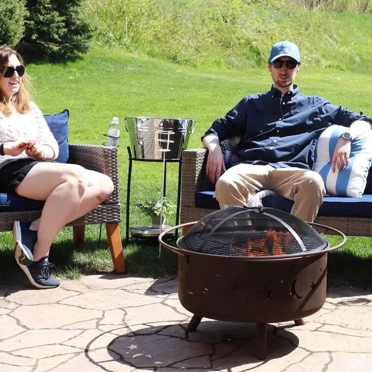 Moon Stars Sky Steel Fire Pit Bowl with Screen Cooking Grate and Poker by HomePacific
