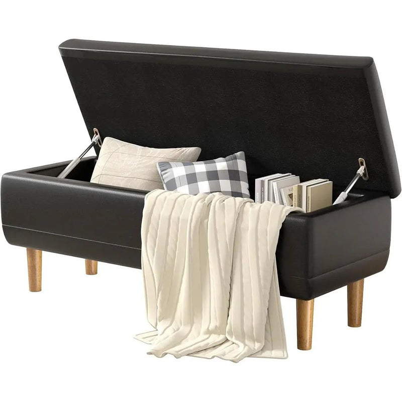 Modern Mid-Century Black Faux Leather End of Bed Storage Bench Ottoman by HomePacific