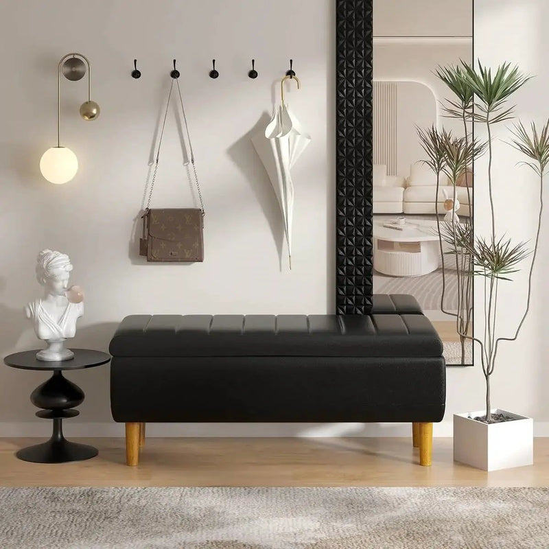 Modern Mid-Century Black Faux Leather End of Bed Storage Bench Ottoman by HomePacific