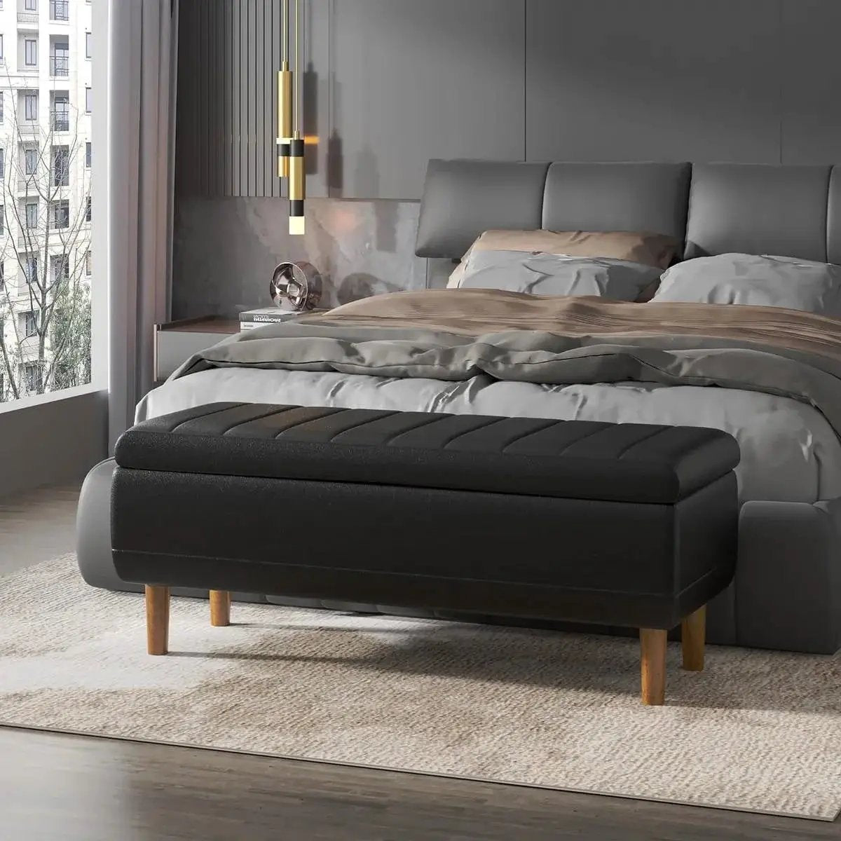 Modern Mid-Century Black Faux Leather End of Bed Storage Bench Ottoman by HomePacific