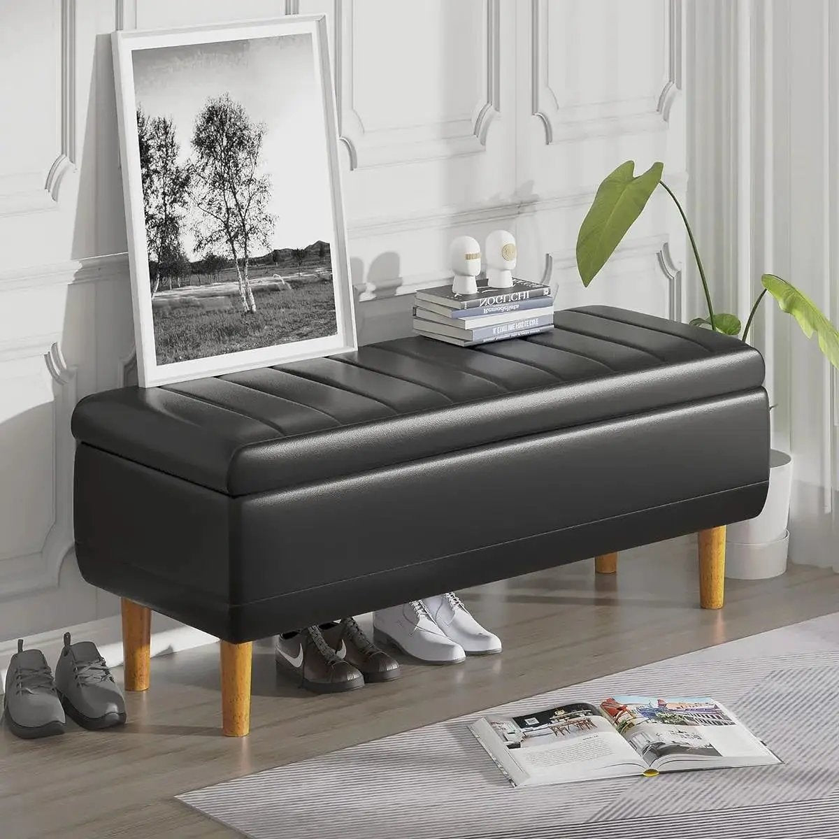 Modern Mid-Century Black Faux Leather End of Bed Storage Bench Ottoman by HomePacific